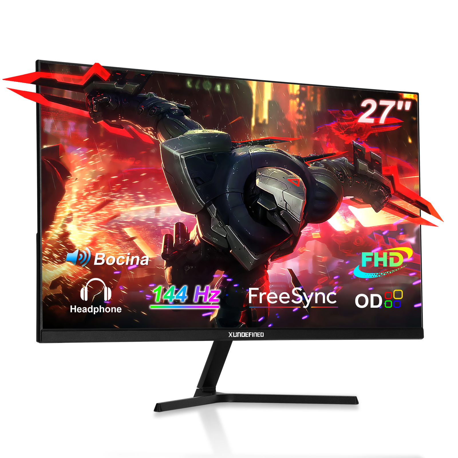 Monitor gamer Xundefined 27” FHD 1K 144Hz FreeSync con Bocinas, HDMI + DP, Compatible 120Hz y Soporte VESA