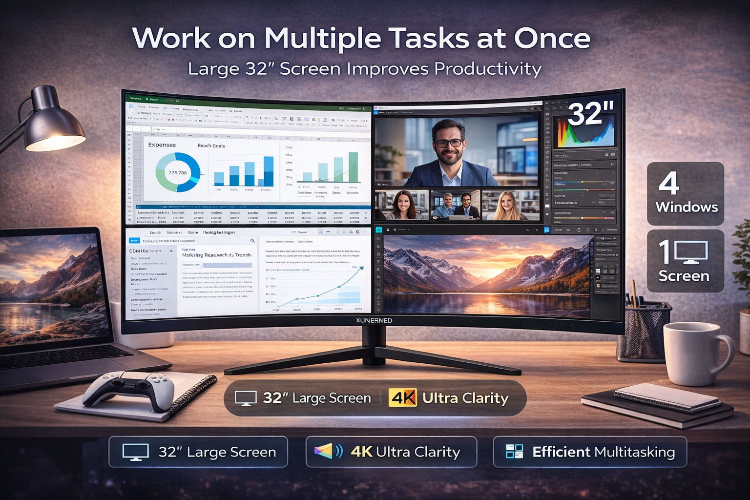 Xundefined Monitor Gamer 32 4k Uhd Curvo Design Edition Ideal para Creativos, Trabajo Remoto y Entretenimiento (Compatible PS5/Xbox)