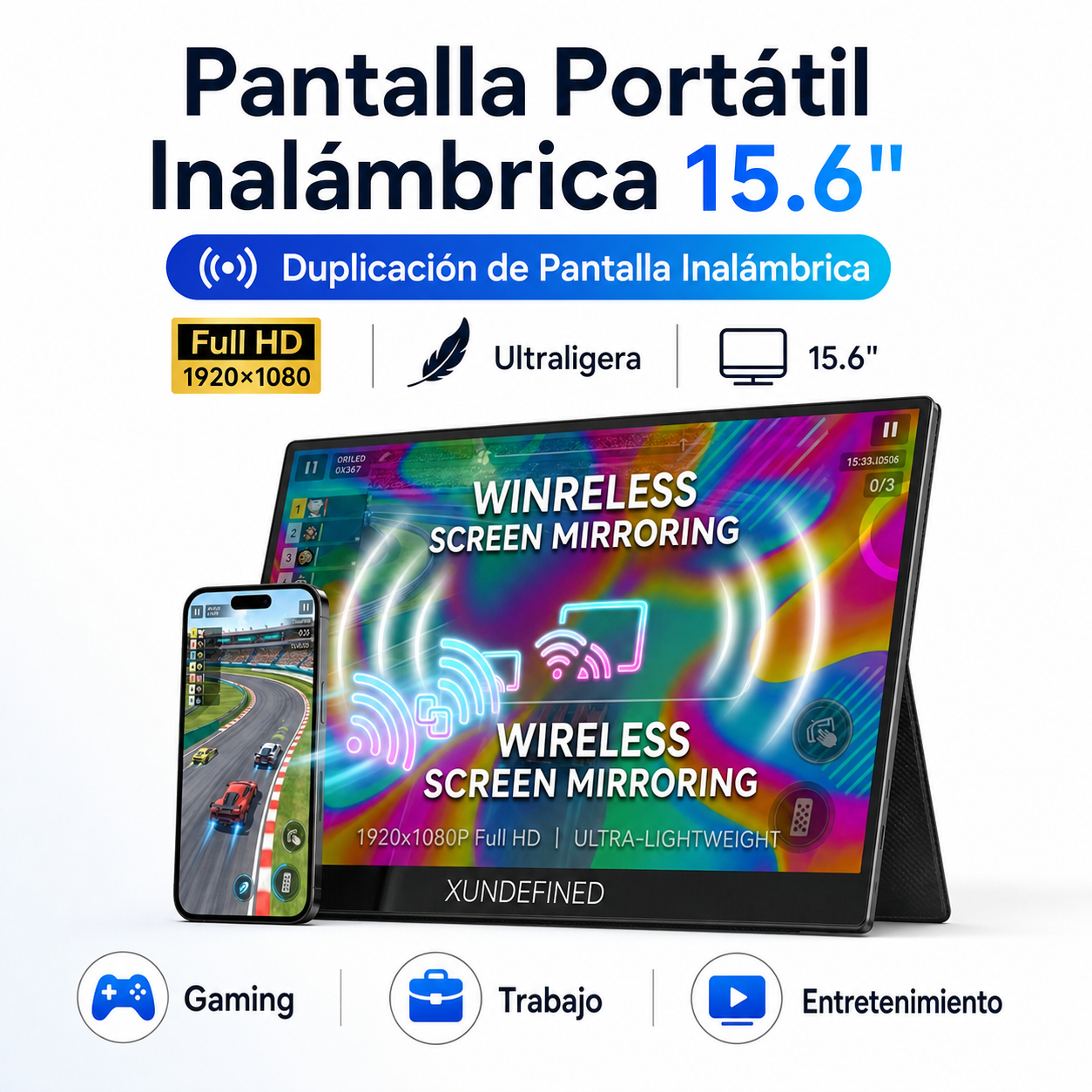Monitor Portátil Inalámbrico 15.6 Full HD Para Celular Segunda Pantalla Wireless Compatible Android iPhone Trabajo Juegos Viajes XUNDEFINED