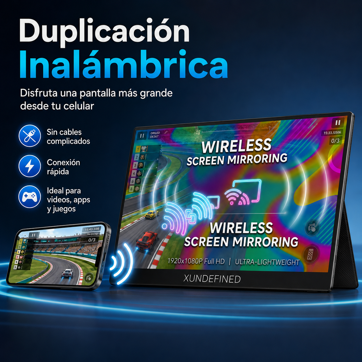 Monitor Portátil Inalámbrico 15.6 Full HD Para Celular Segunda Pantalla Wireless Compatible Android iPhone Trabajo Juegos Viajes XUNDEFINED