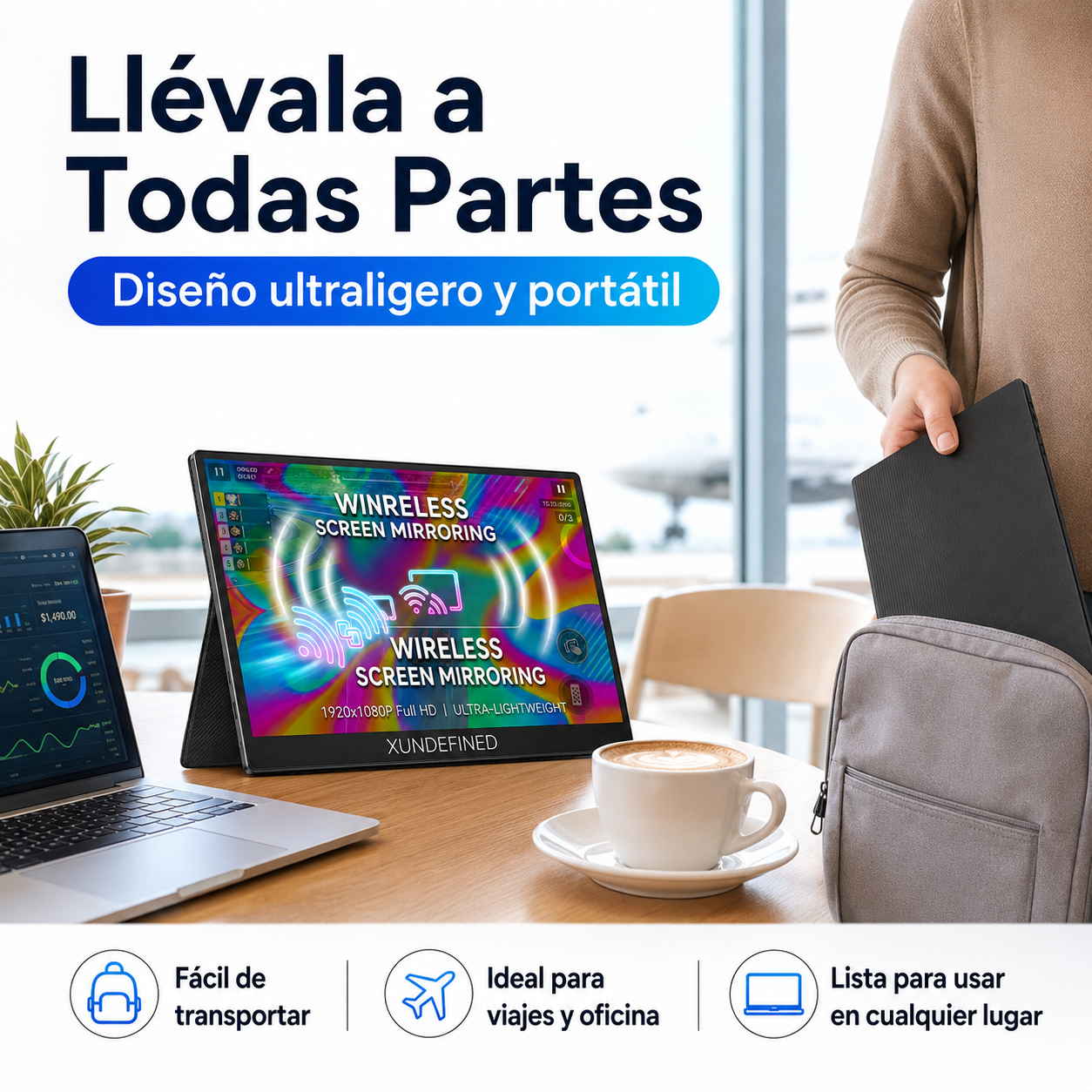 Monitor Portátil Inalámbrico 15.6 Full HD Para Celular Segunda Pantalla Wireless Compatible Android iPhone Trabajo Juegos Viajes XUNDEFINED