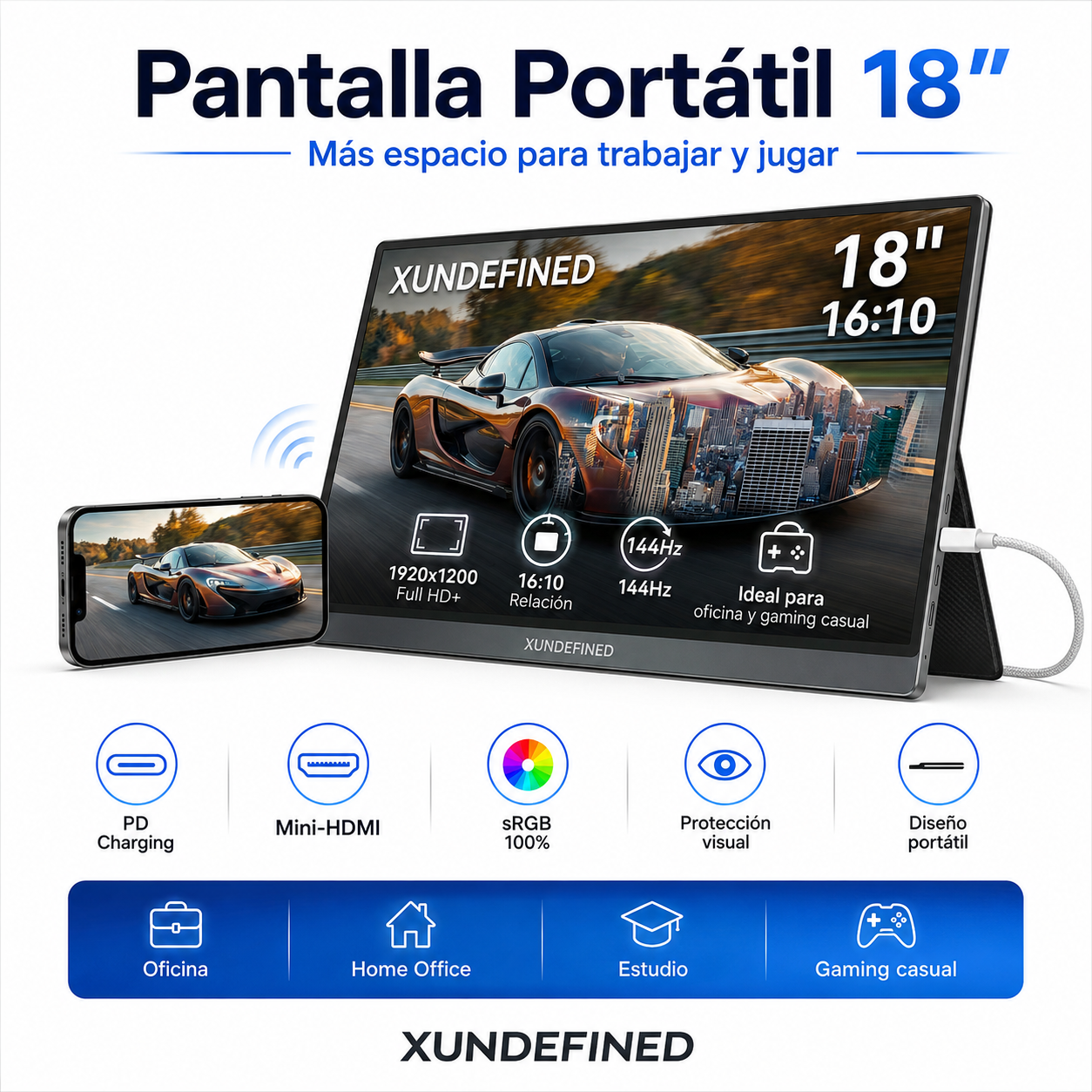 Monitor Portátil 18 Pulgadas 144Hz 1920x1200P IPS 16:10 USB-C Mini HDMI Con Bocinas Para Laptop PC Mac PS5 Xbox Switch