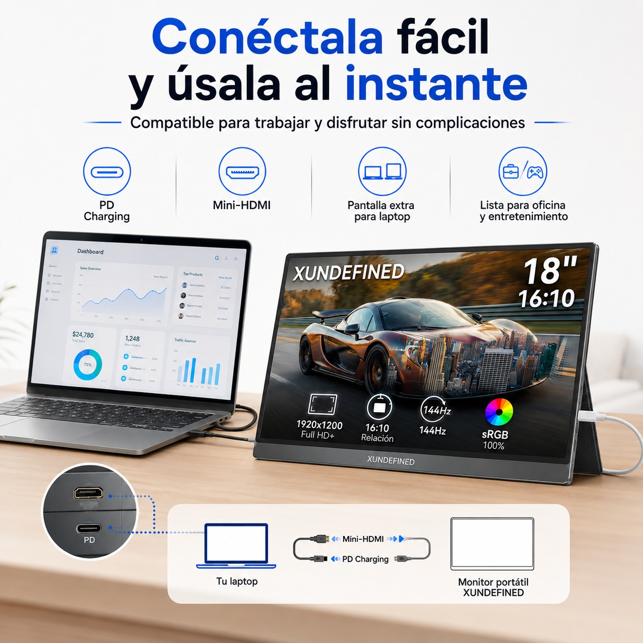 Monitor Portátil 18 Pulgadas 144Hz 1920x1200P IPS 16:10 USB-C Mini HDMI Con Bocinas Para Laptop PC Mac PS5 Xbox Switch