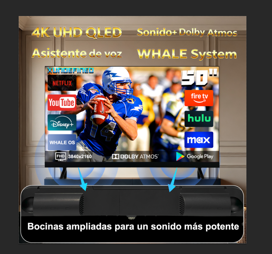 Pantalla Smart Tv Xndefined 50 Qled 4k WHALE OS Fluido con Sonido Potente Dolby Audio y Control por Voz en Español y Modo 2160p para PS5/Xbox