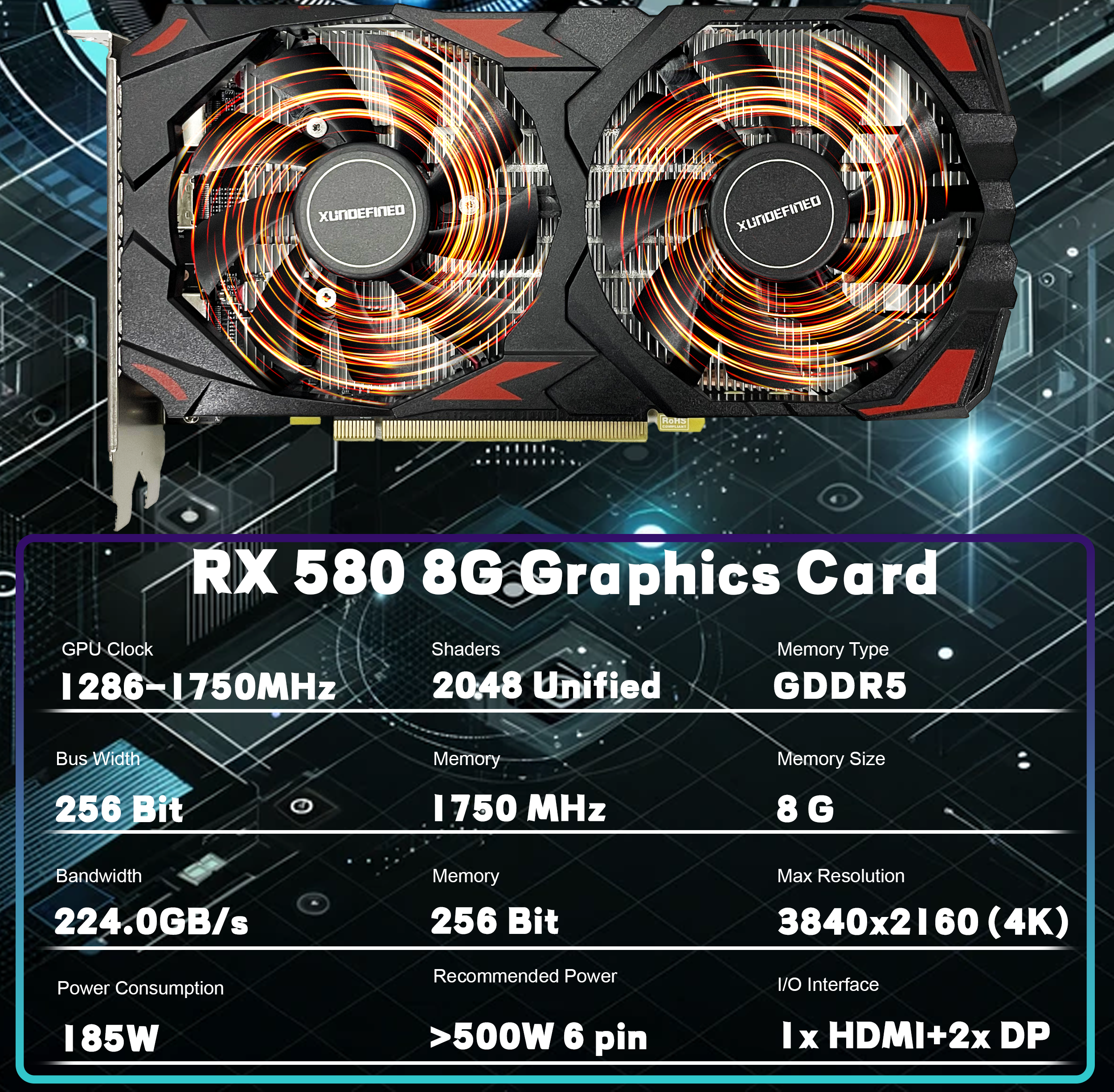 Xundefined Desktop computer game graphics card Rx 500 Series Rx 580 2048sp 8gb Video Card