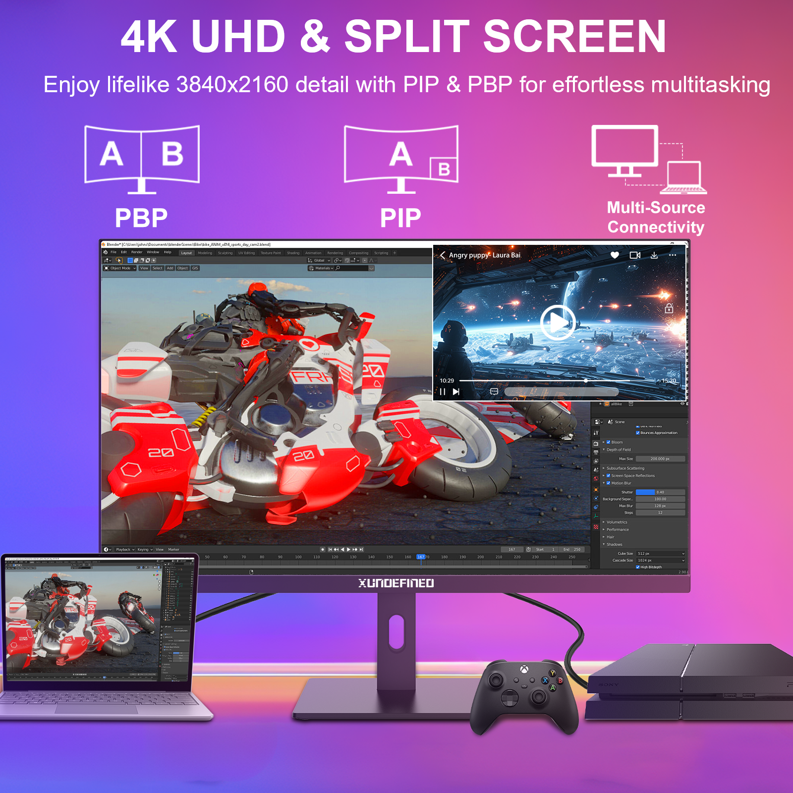 Monitor Gamer Xundefined 27 4K UHD 144Hz 3840*2160p y FHD 288Hz Dual Mode 10BIT Altavoces Base Ajustable Compatible Xbox PS 2160P Pivot Pantalla Gaming y Oficina