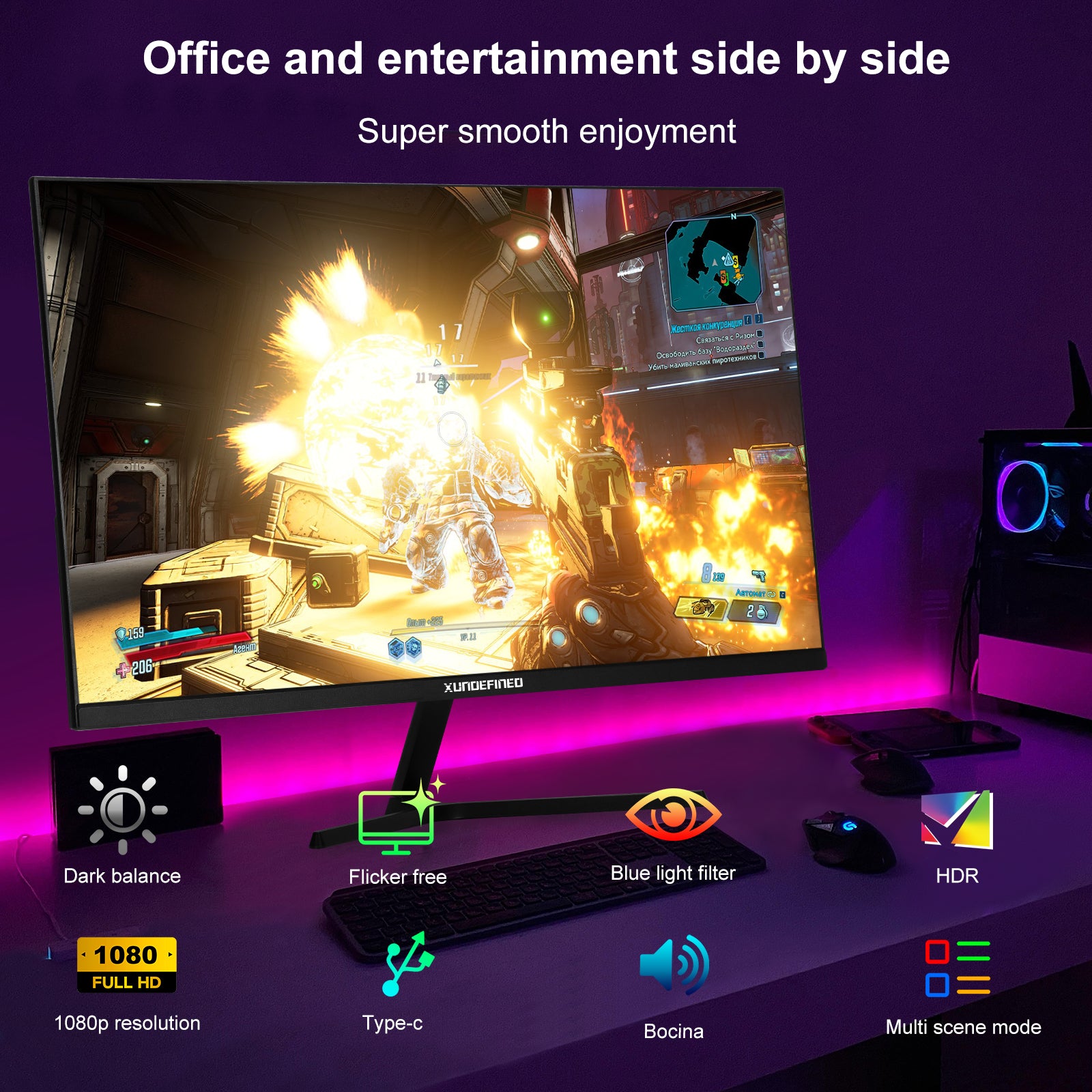 Monitor gamer Xundefined 27” FHD 1K 144Hz FreeSync con Bocinas, HDMI + DP, Compatible 120Hz y Soporte VESA