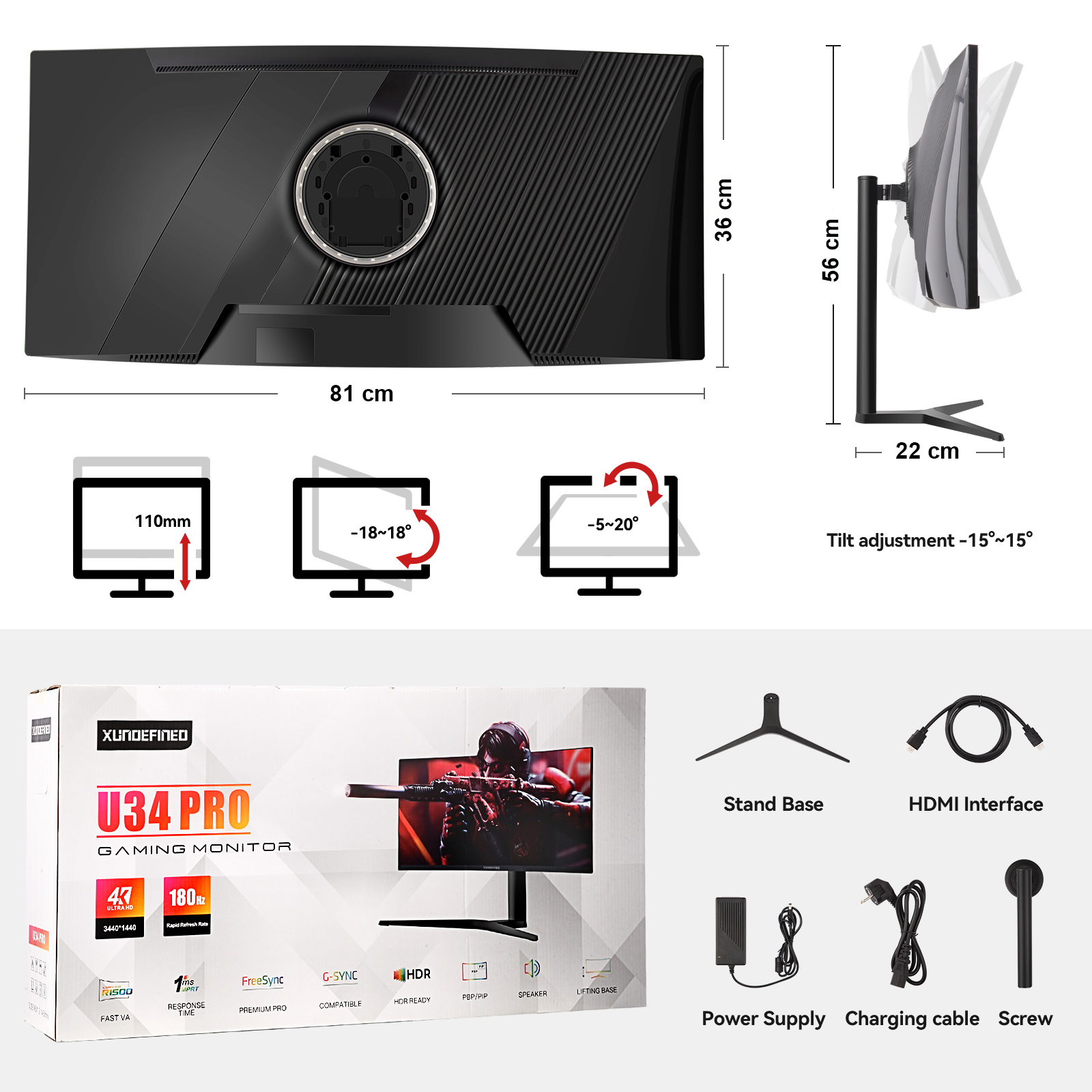 34 Inch Ultrawide Curved Gaming Monitor with 1500R Widescreen, UWQHD 3440 x 1440, 180Hz, sRGB 126%, FreeSync & G-SYNC, PIP/PBP, Height/Rotation Adjustable, Built-in Speaker, 2 x DP 1.4/2x HDMI 2.0