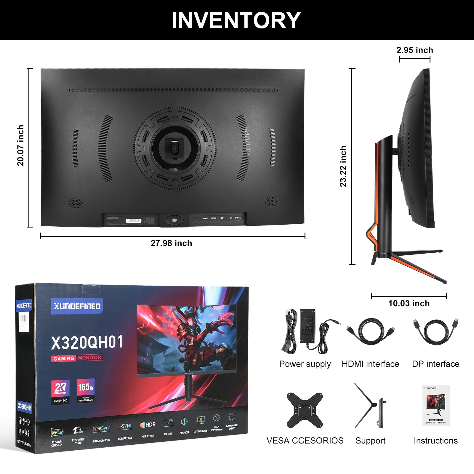 32 inches 2k xundefined curved computer gaming Monitor 165hz Rotation Lifting Speaker